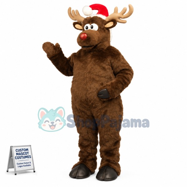 Cute Brown Mascot Costume Deer with Santa Hat
