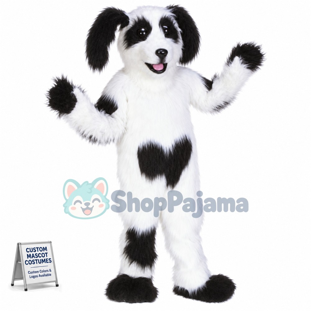 White & Black Shaggy Dog Mascot Costume