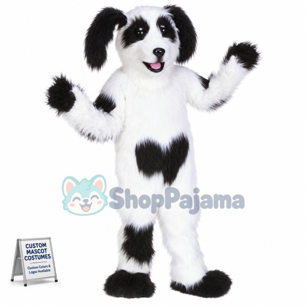 White & Black Shaggy Dog Mascot Costume
