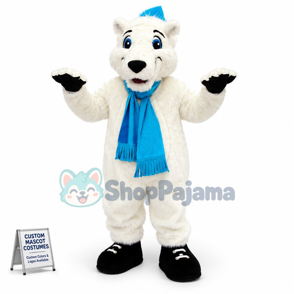 White Hairy Bear Wearing Scarf Mascot Costume