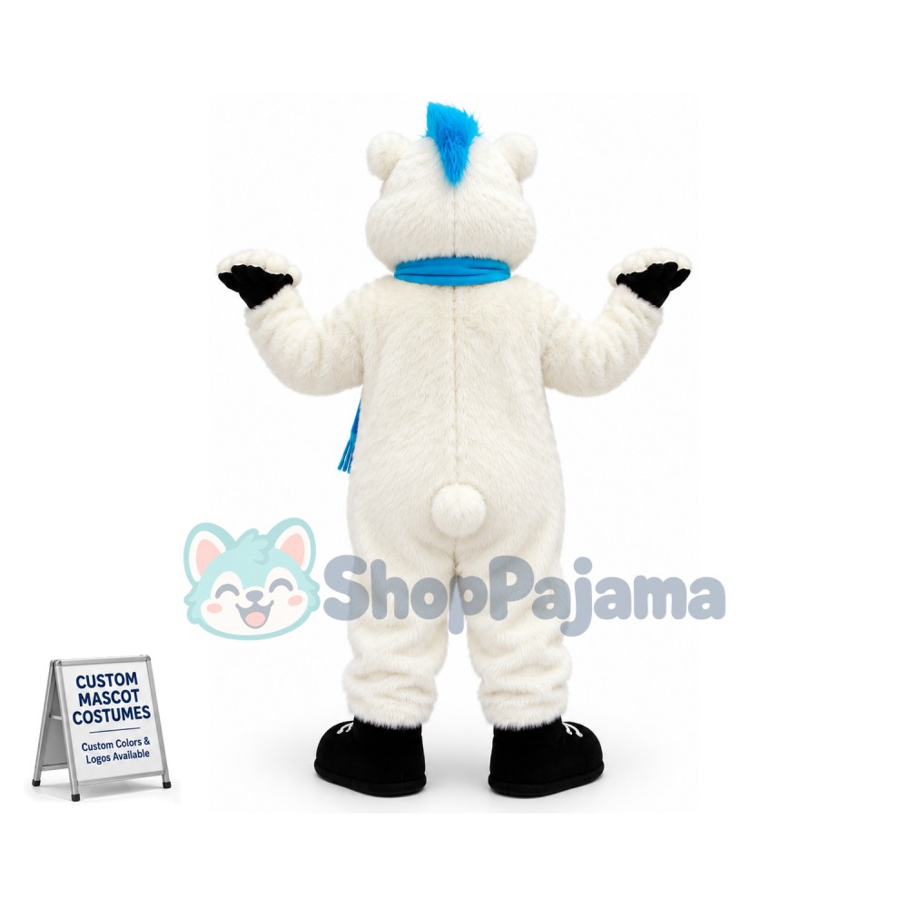 White Hairy Bear Wearing Scarf Mascot Costume