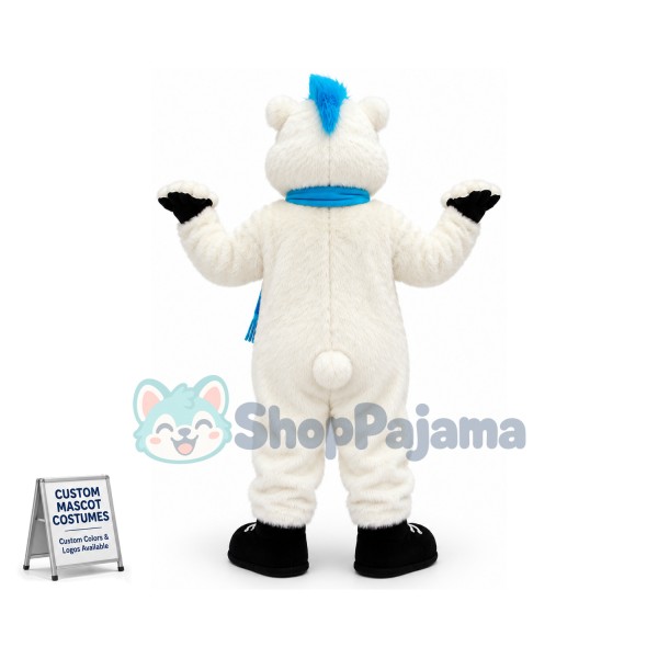 White Hairy Bear Wearing Scarf Mascot Costume