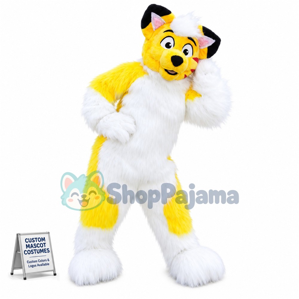 Yellow & White Long Fur Fox Dog Mascot Costume