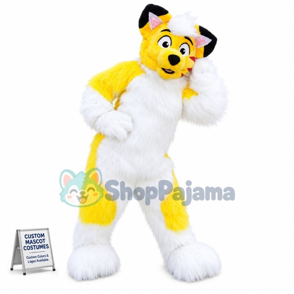 Yellow & White Long Fur Fox Dog Mascot Costume