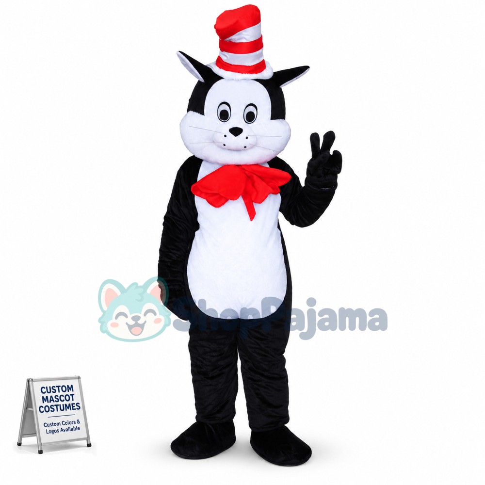 Black & White Cat Wearing Magic Hat Mascot Costume