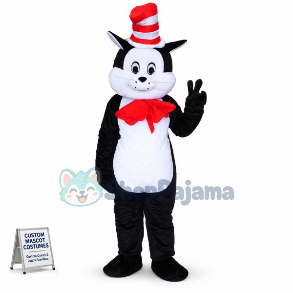 Black & White Cat Wearing Magic Hat Mascot Costume