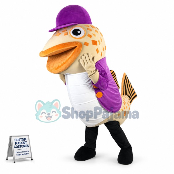 Walking Catfish In Purple Coat Mascot Costume