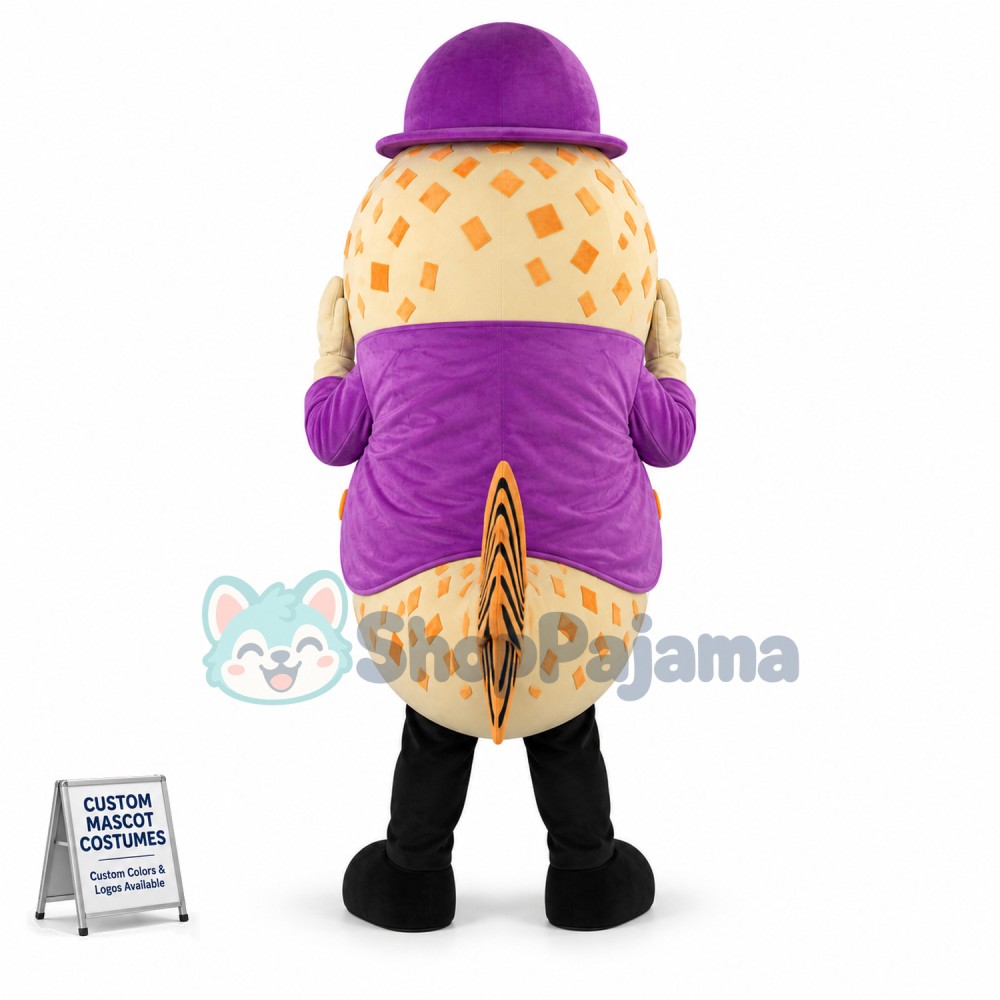 Walking Catfish In Purple Coat Mascot Costume