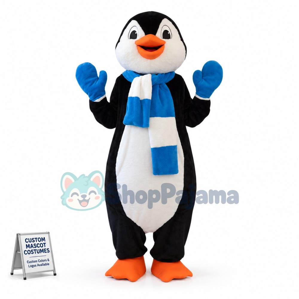 Tall Penguin Wearing Warm Gloves Mascot Costume