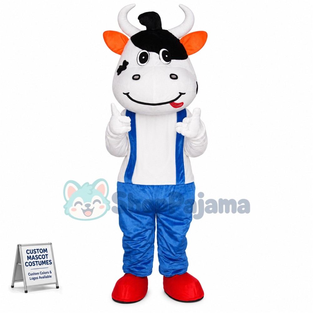 Active Cow Wearing Blue Pants Mascot Costume