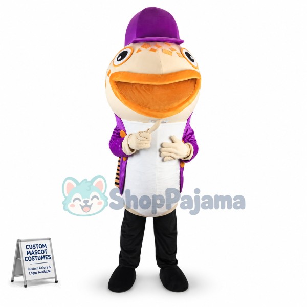 Big Mouth Catfish In Purple Coat Mascot Costume