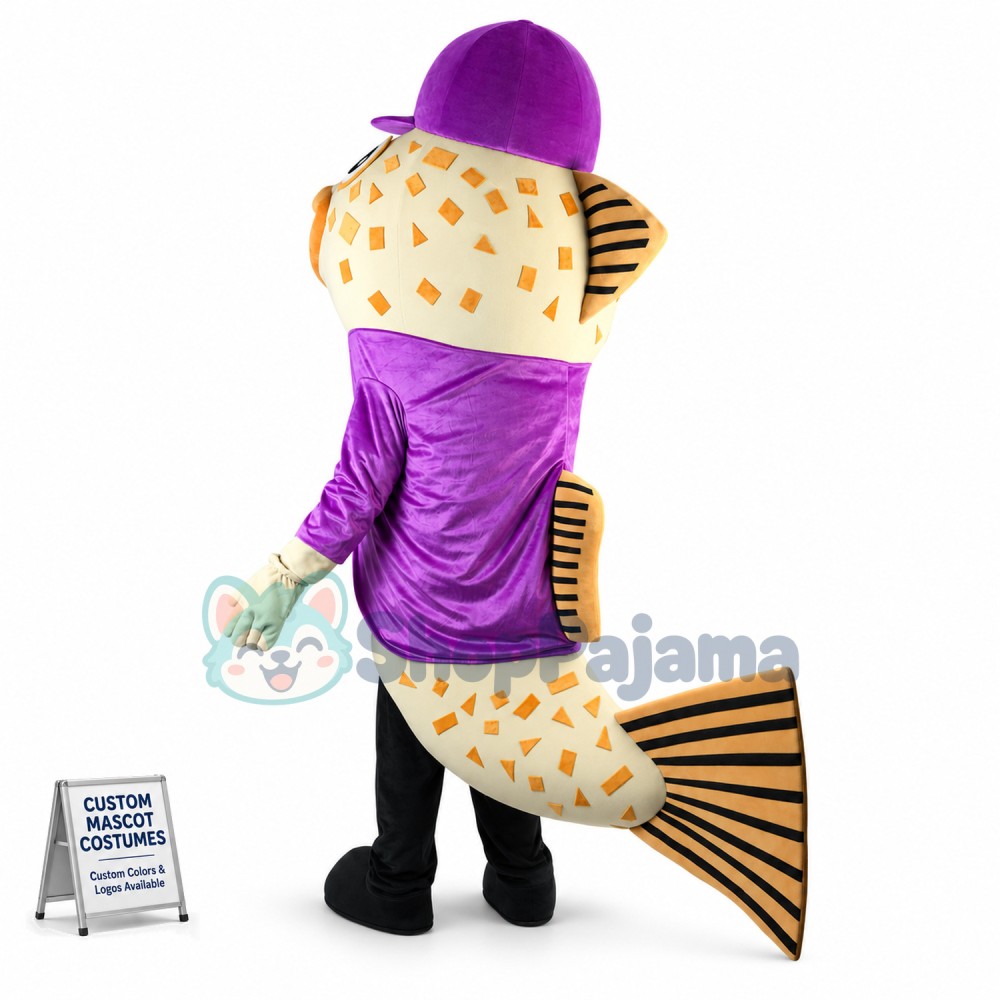 Big Mouth Catfish In Purple Coat Mascot Costume