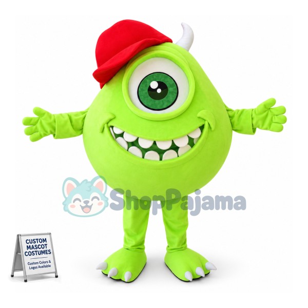 Bright Green One Eyed Monster Wearing Cap Cartoon Mascot Costume