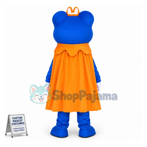 Blue Big Eyed Prince Frog With Crown Cartoon Mascot Costume