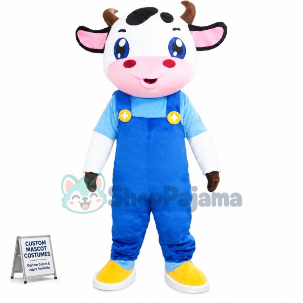 Young Cow With Overalls Mascot Costume