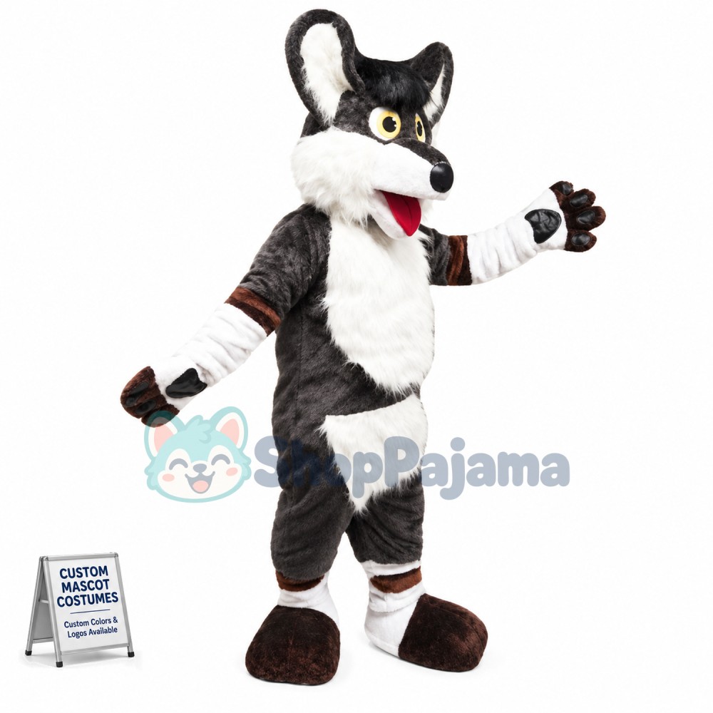 Surprised Black & White Wolf Mascot Costume