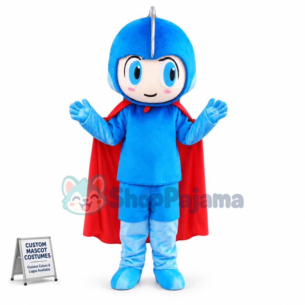 Blue Hero With Cloak Mascot Costume