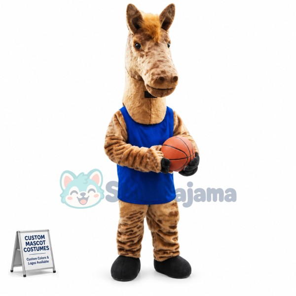 Brown Horse Mascot Costume Playing Basketball