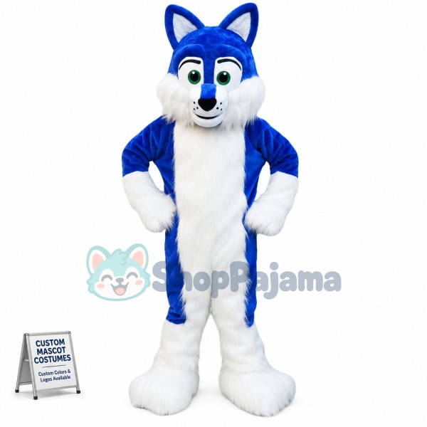 Blue & White Furry Wolf Mascot Costume