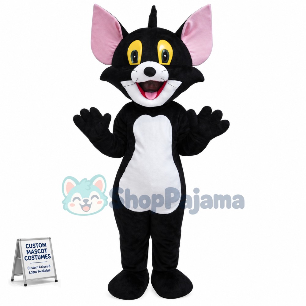 Cheerful Black Tom Cat Mascot Costume