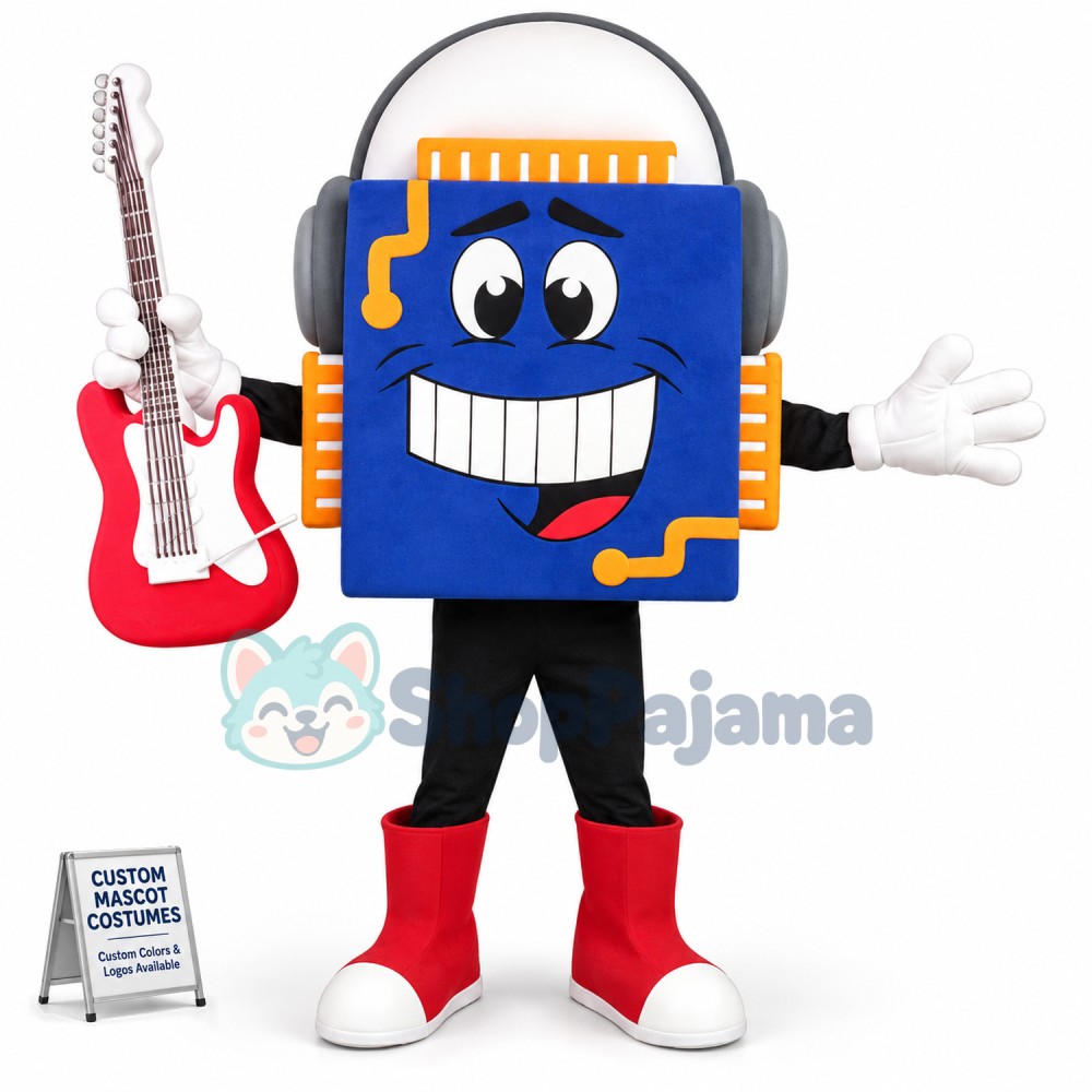 Blue Speaker Holding Guitar Mascot Costume