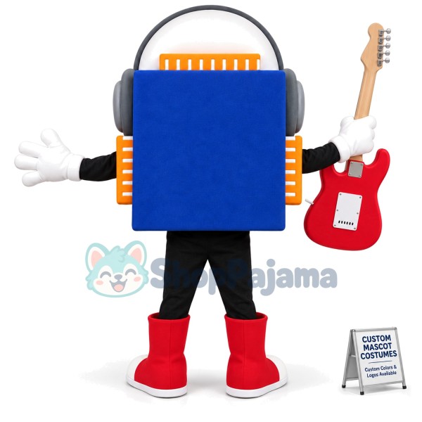Blue Speaker Holding Guitar Mascot Costume