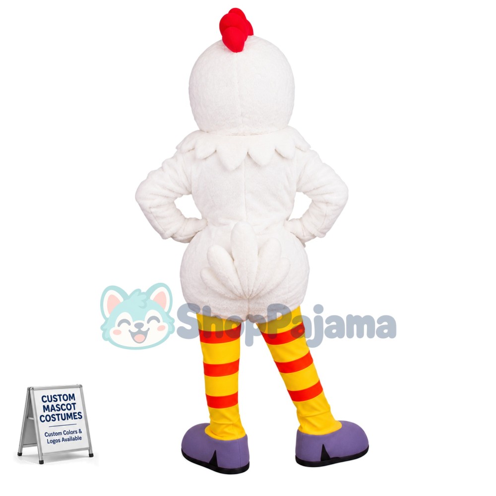 White Chicken In Striped Socks Mascot Costume