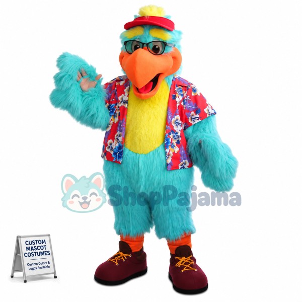Blue Hairy Parrot In Flower Blouse Mascot Costume
