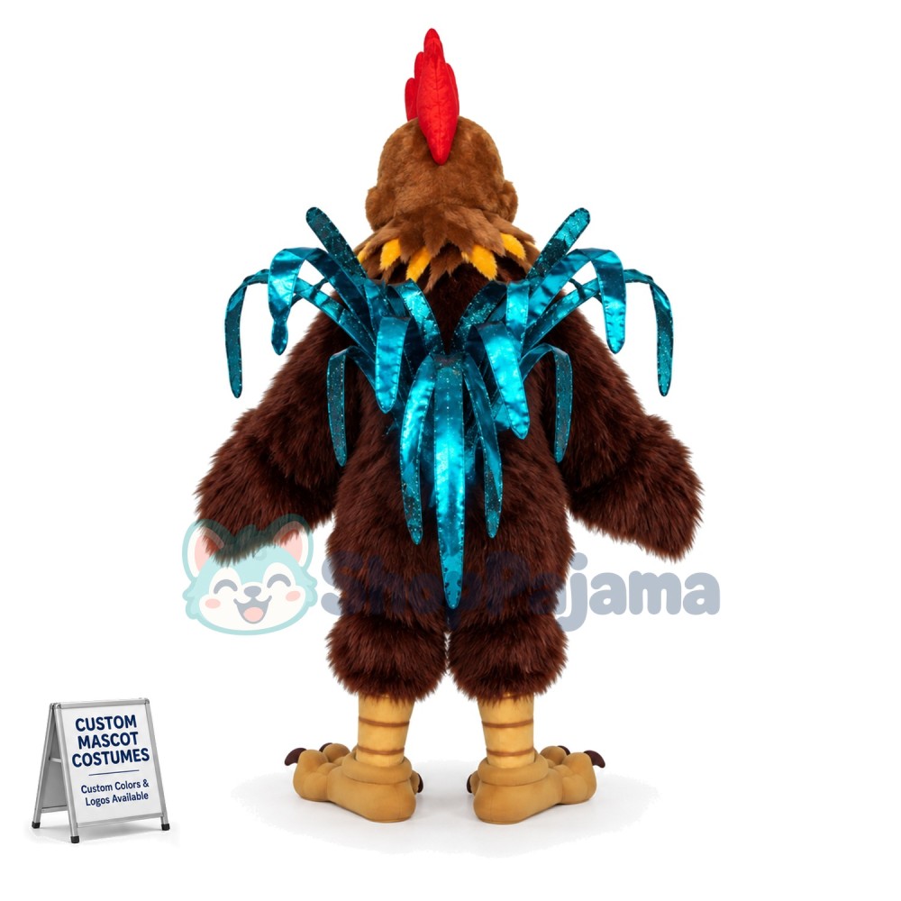 Brown Long Wool Chicken With Bright Tail Mascot Costume