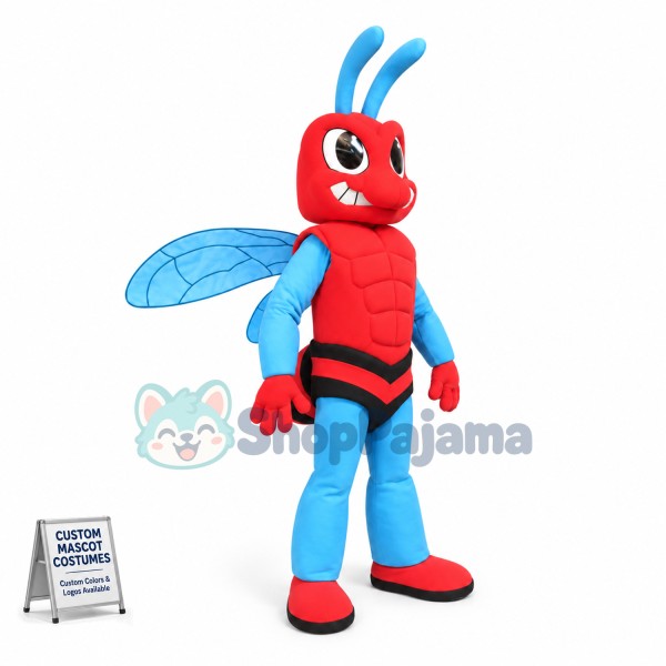 Blue & Red Muscle Bee Mascot Costume