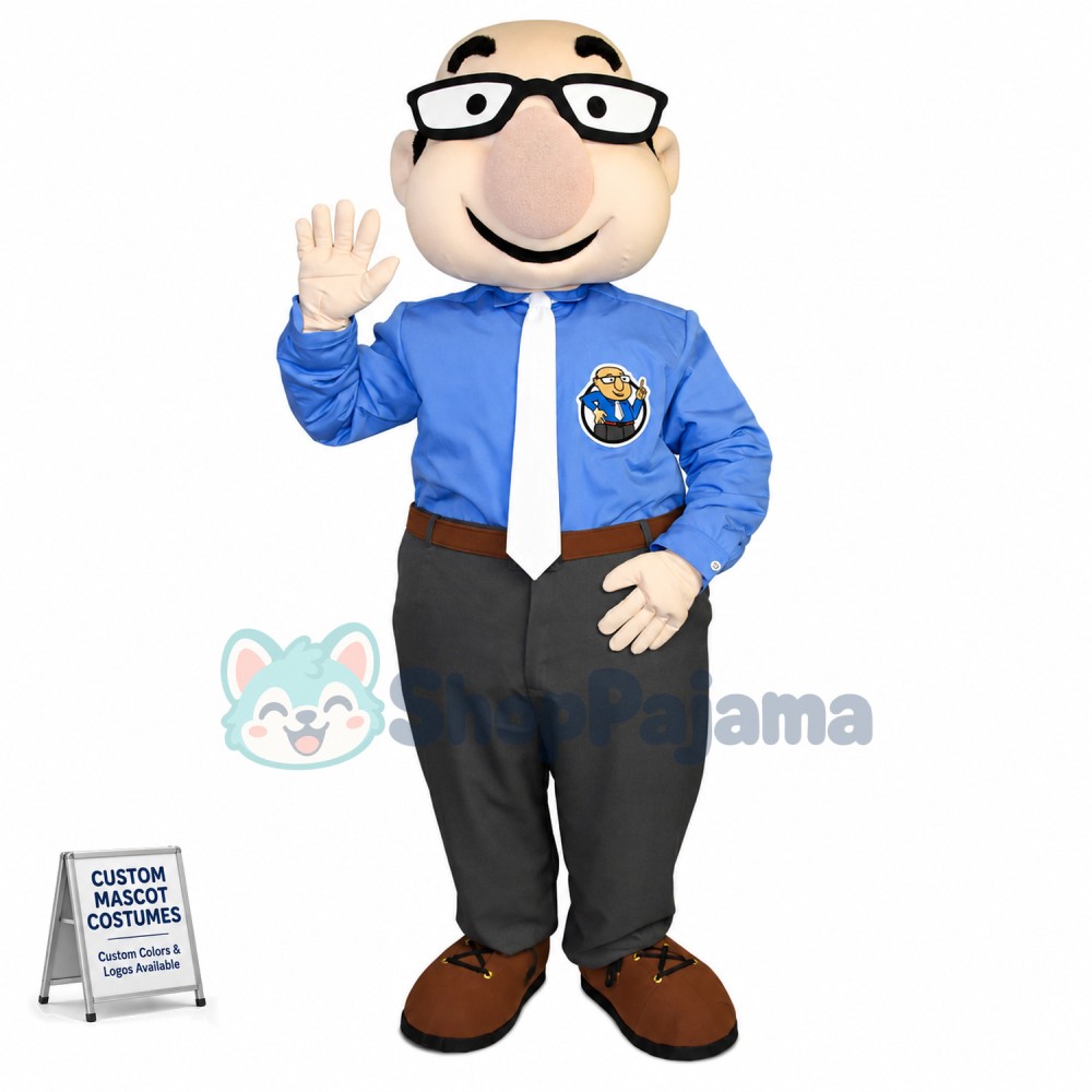 Bald Agency Staff Wearing Glasses Mascot Costume