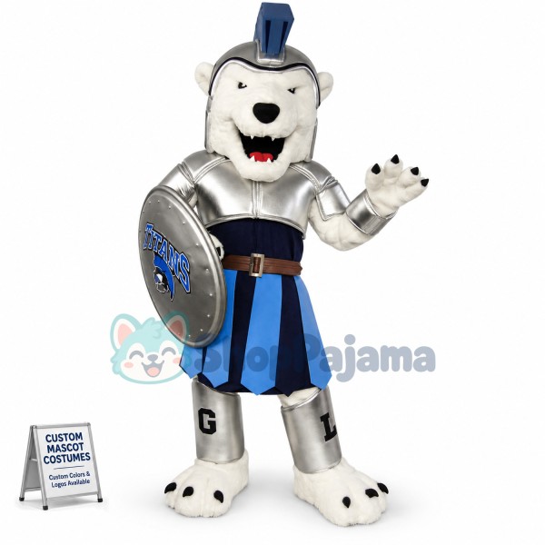 The Brave Polar Bear With Silver Armor Mascot Costume