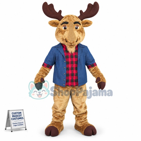 Elder Elk Wearing Plaid Shirt Mascot Costume