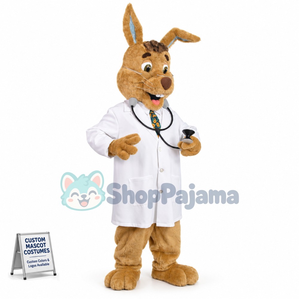 Auscultating Professional Doctor Rabbit Mascot Costume