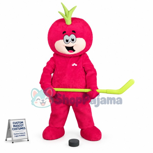 Cute Tomato Doll Mascot Costume Playing Hockey