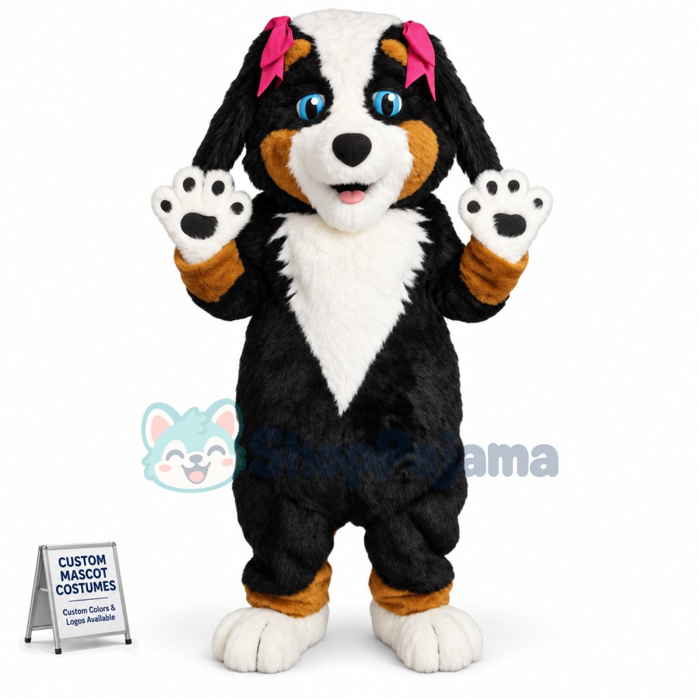 Blue Eyed Furry Puppy With Pink Hairpins Mascot Costume