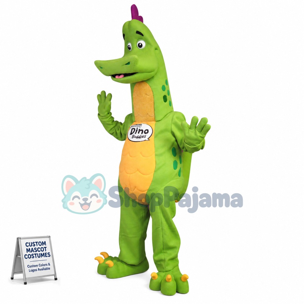 Adventurous Green Dinosaur Mascot Cartoon Costume
