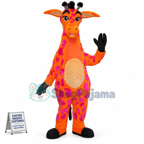Tall Adult Giraffe With Pink Plaque Mascot Costume