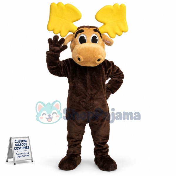 Adult Moose With Big Yellow Antlers Mascot Costume