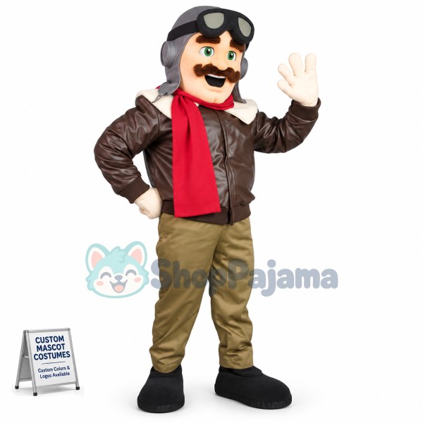Bomber Pilot In Leather Jacket Mascot Costume