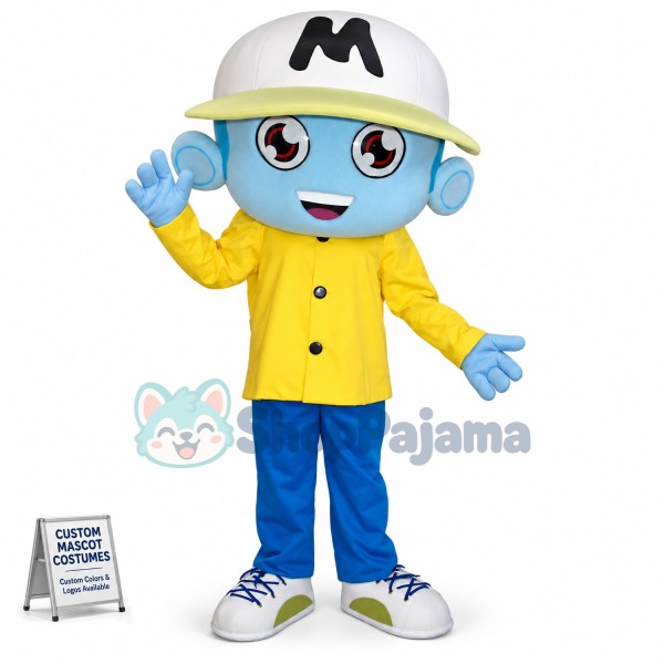 Blue Skin Boy With Student Hat Mascot Costume