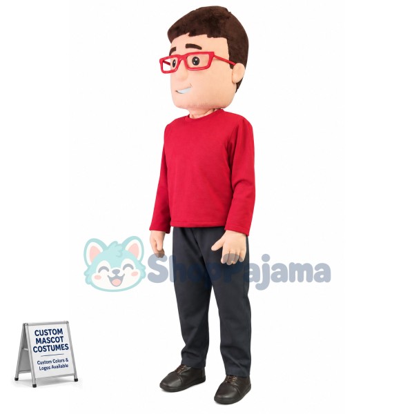 Young Man With Red Glasses Mascot Costume