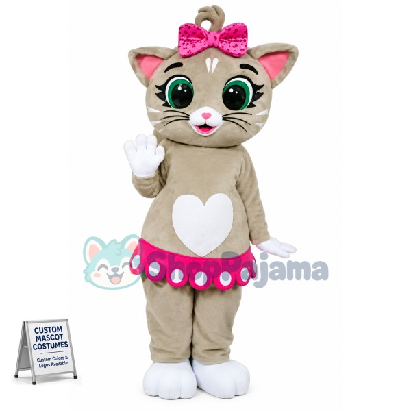 Beautiful Love Cat With Pink Bow Mascot Costume