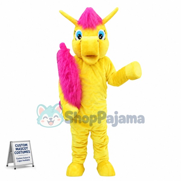 Bright Yellow Horse With Long Tail Mascot Costume