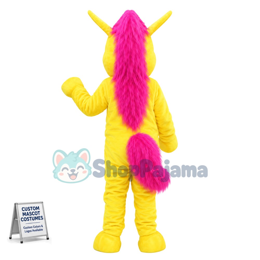 Bright Yellow Horse With Long Tail Mascot Costume
