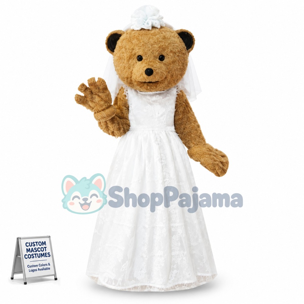 Wedding Dress Bride Brown Bear Mascot Costume