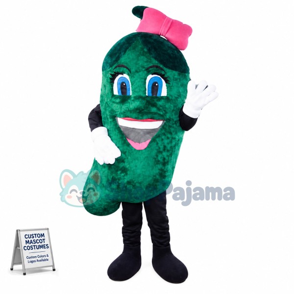 Green Eggplant With Bow Mascot Cartoon Costume