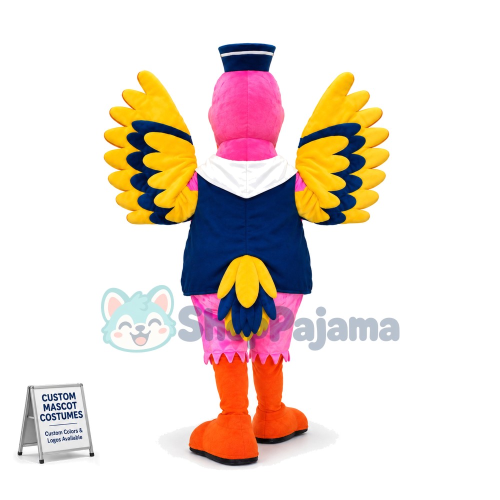 Bright Pink Bird In The Sailor Vest Mascot Costume