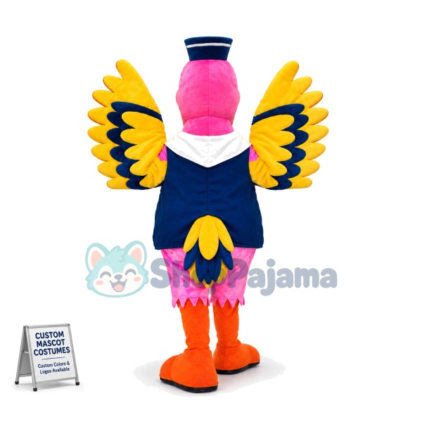 Bright Pink Bird In The Sailor Vest Mascot Costume