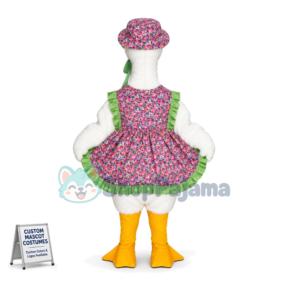 Big White Goose Wearing Flower Apron Mascot Costume